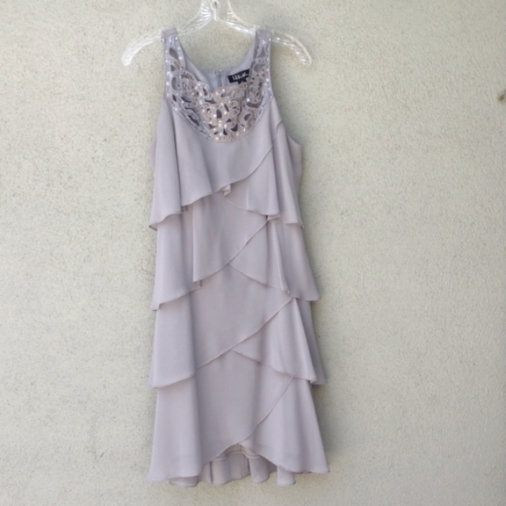 SL Fashions Gray Tulip Tiered Beaded Formal Sleeveless Midi Dress Women's 12